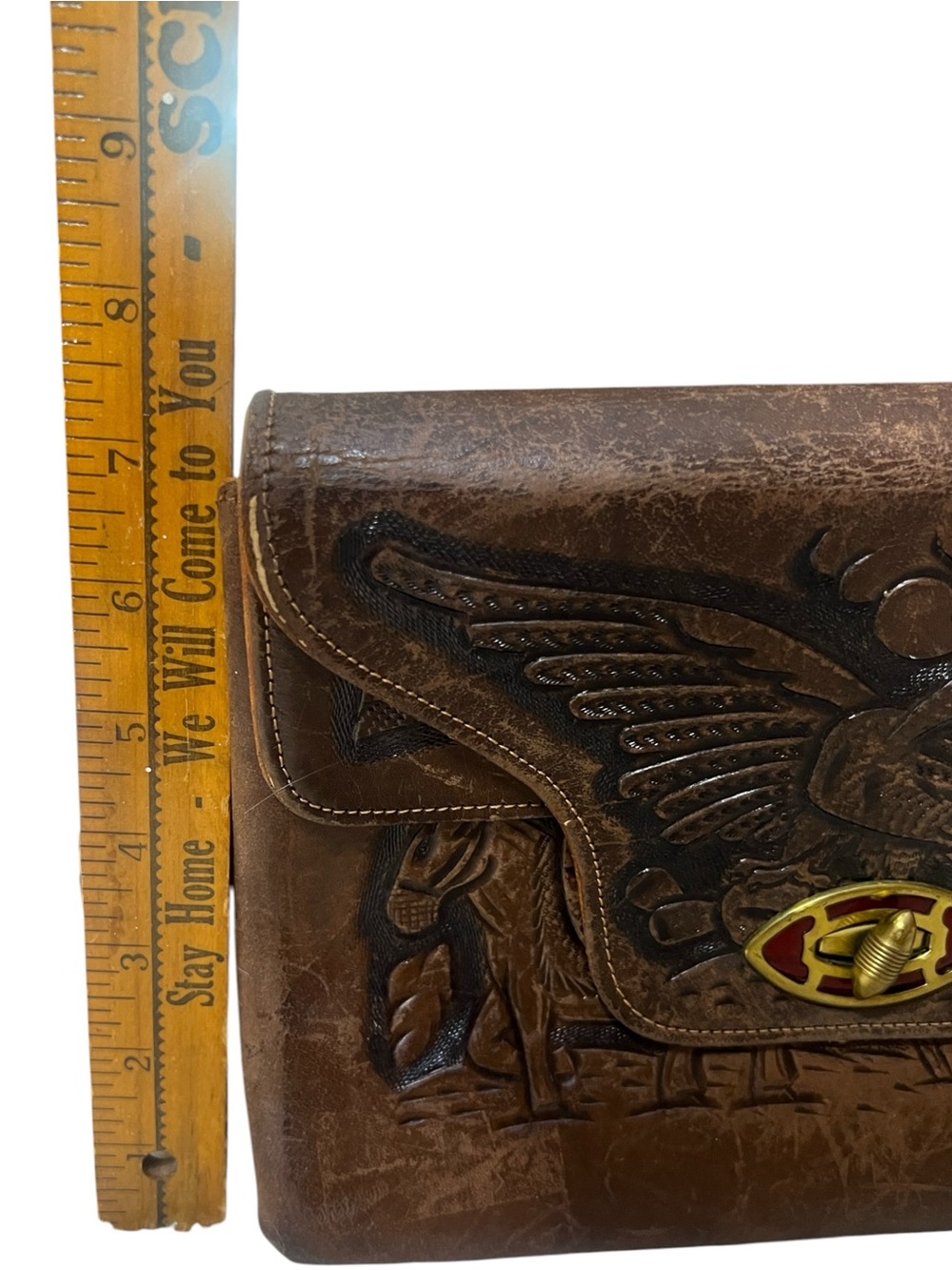 Vintage Mexican Tooled Leather Eagle Aztec Calendar Crossbody Bag Purse - Picture 11 of 14